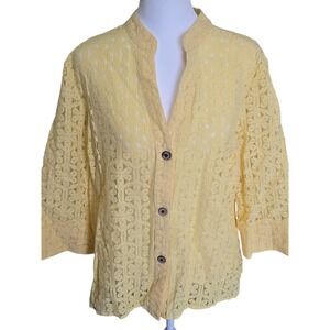 Rebecca Malone Yellow Lace Mandarin Collar 3/4 Sleeve Button Up Shirt Women XL